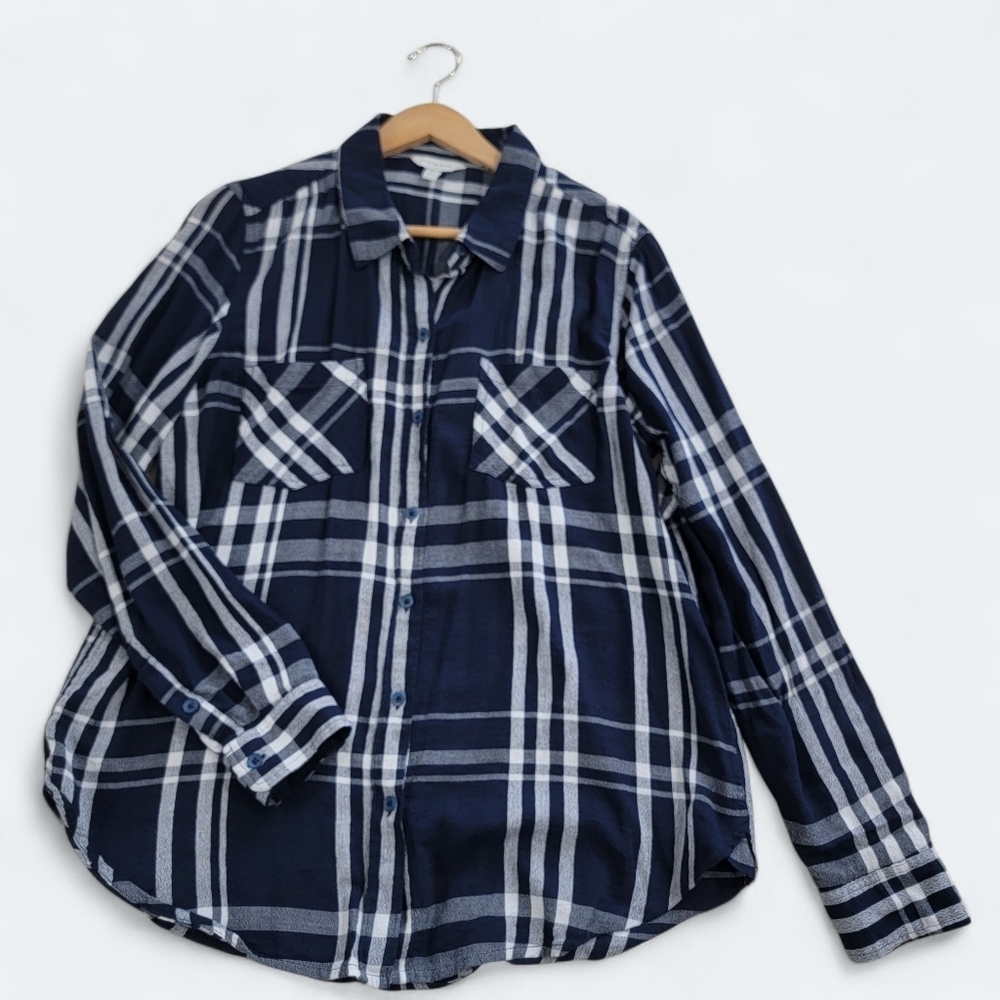 Lucky Brand Navy Blue Plaid Women's Button Down Shirt Size Medium